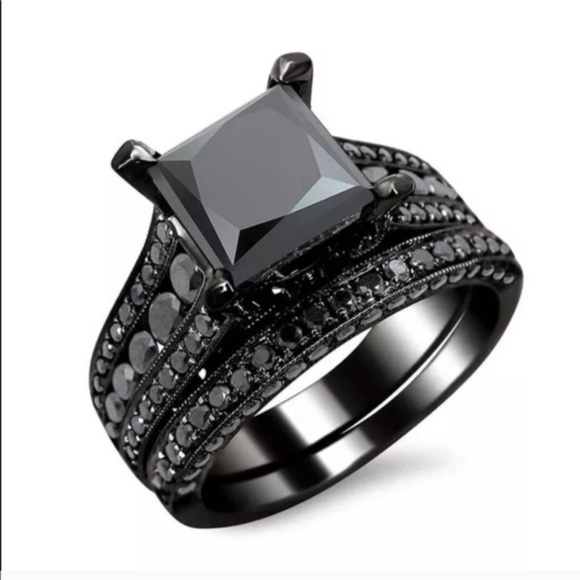 Jewelry - Black Gray Engagement Ring Wedding Band Bridal Set